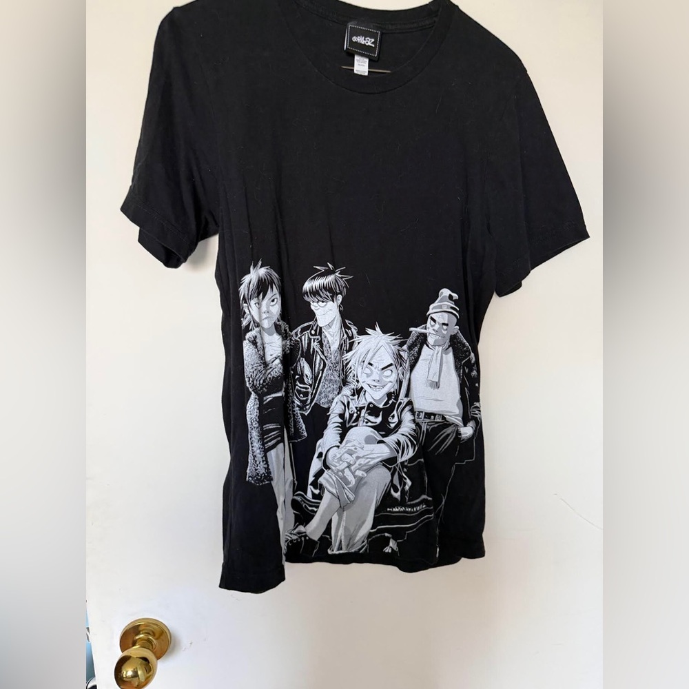 Black Graphic Band Tee with Monochrome Cartoon Characters